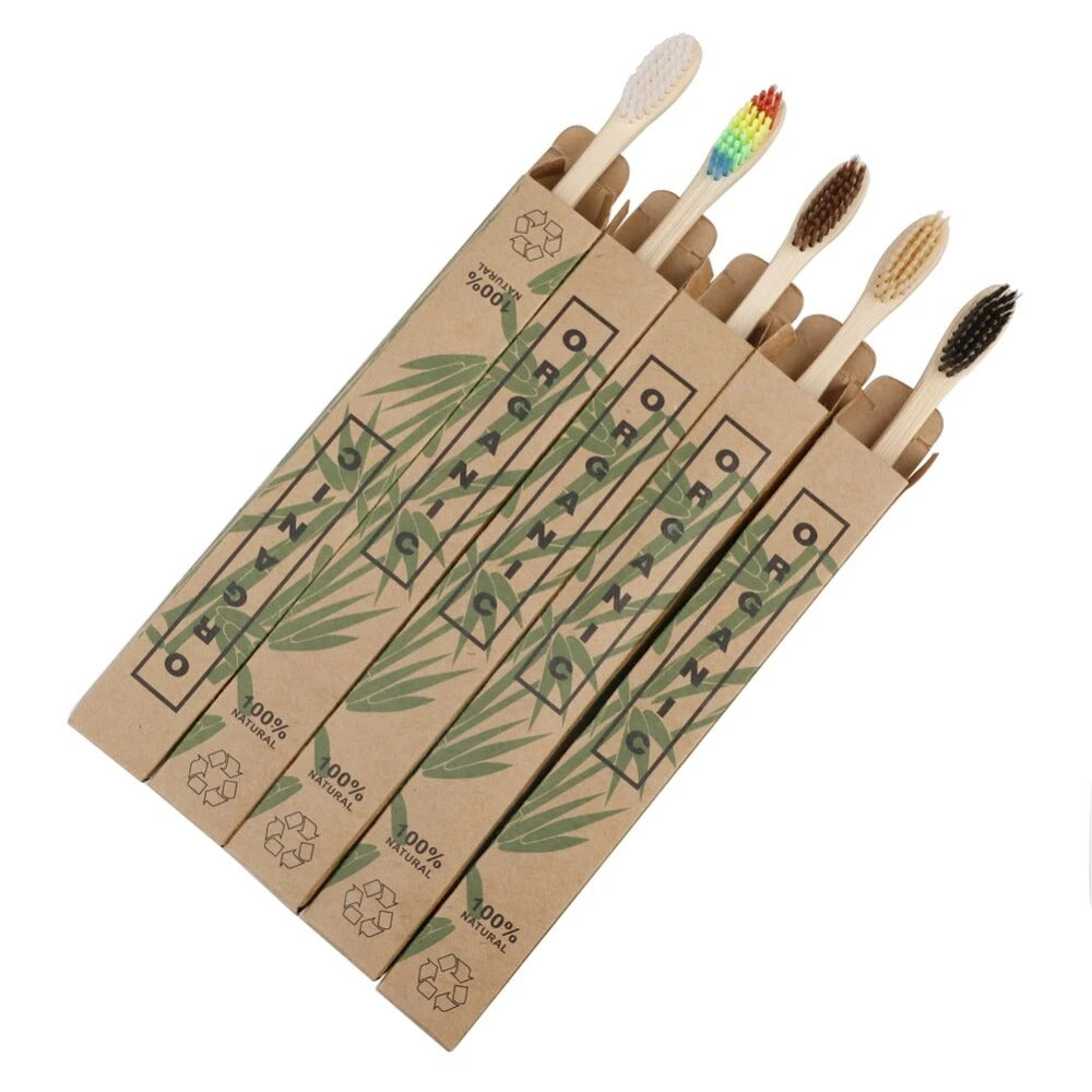 Box of 10 Bamboo Toothbrushes - 100% Natural, Organic