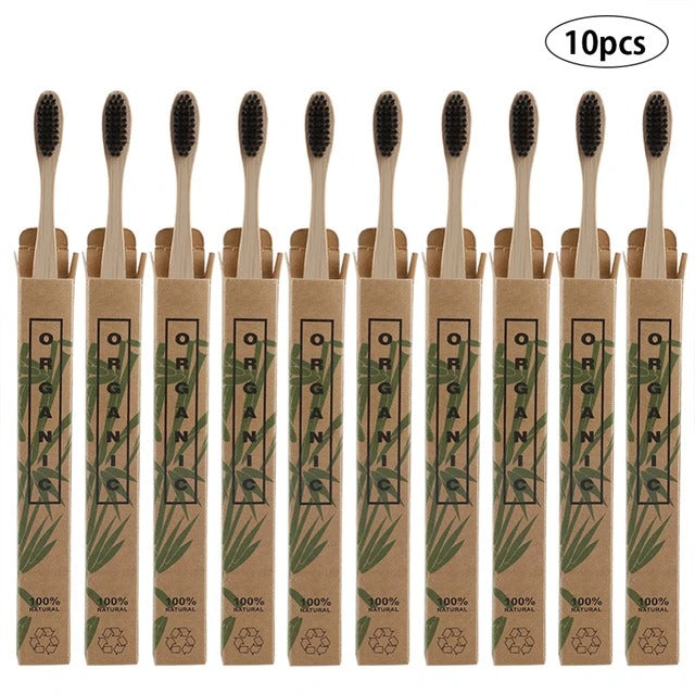 Box of 10 Bamboo Toothbrushes - 100% Natural, Organic