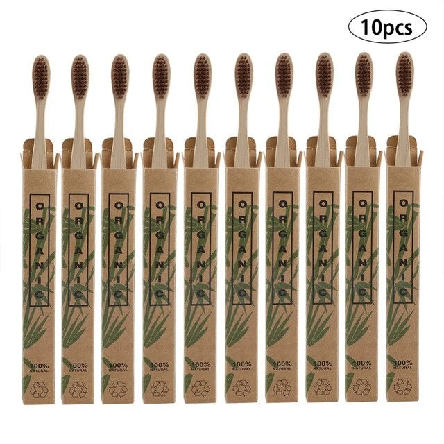 Box of 10 Bamboo Toothbrushes - 100% Natural, Organic