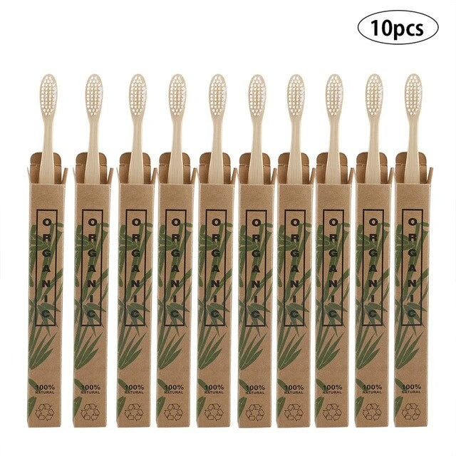 Box of 10 Bamboo Toothbrushes - 100% Natural, Organic
