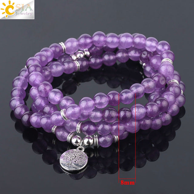 Natural Stone Yoga Healing Bracelet 108 Mala Bead Purple Crystal Wrap Bracelets Tree of Life Lotus Charms Women Bangle