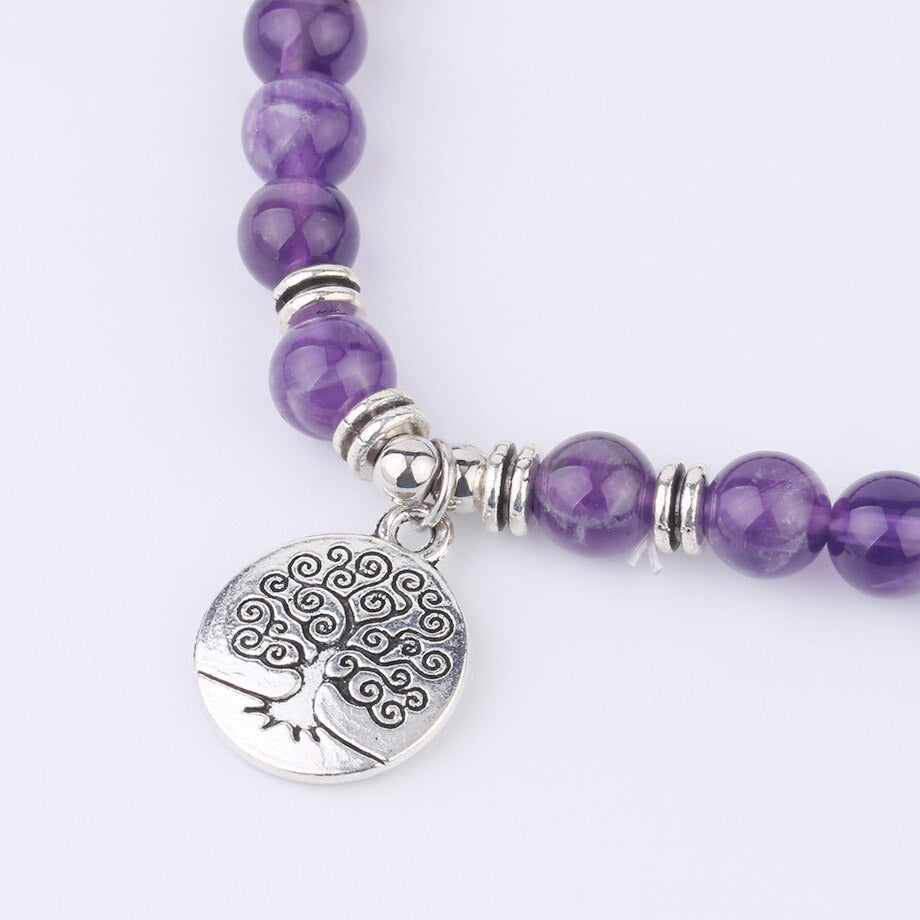 Natural Stone Yoga Healing Bracelet 108 Mala Bead Purple Crystal Wrap Bracelets Tree of Life Lotus Charms Women Bangle