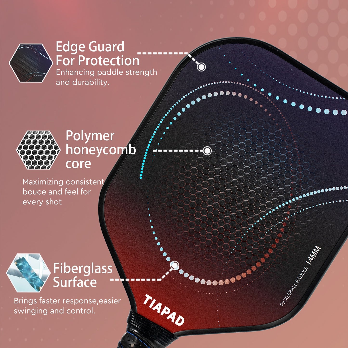 Pickleball Paddle Set of 2 - Fiberglass Surface, Polymer Honeycomb Inner Core Big Sweet Spot Pickle Ball Racket for Beginners