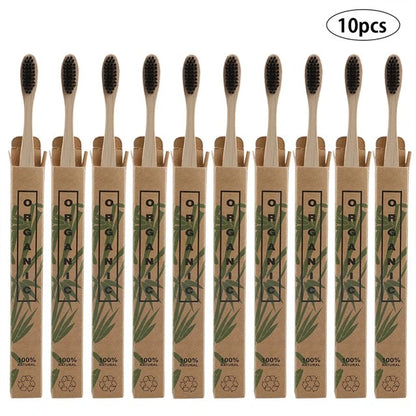 Box of 10 Bamboo Toothbrushes - 100% Natural, Organic