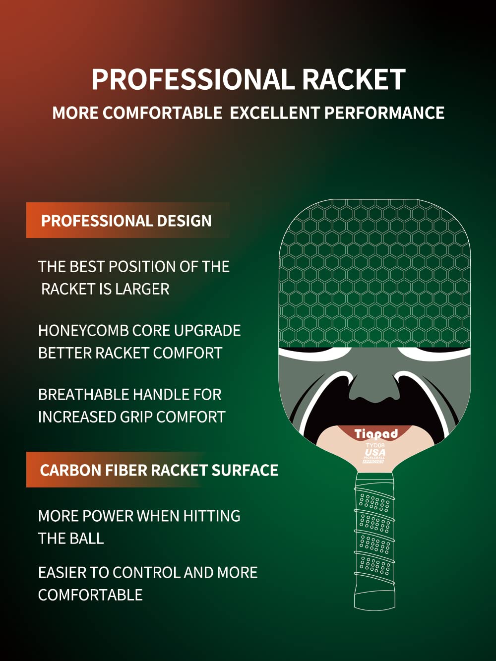 Pickleball Racket Set of 2, USAPA  Approved Carbon Fiber Surface Pickleball Paddles, Indoor & Outdoor Pickle Balls for Women Men